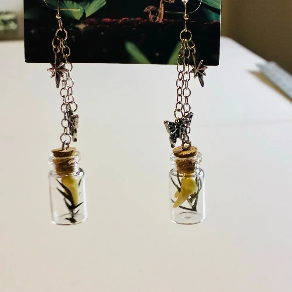 Fairy Bottle Dangle Earrings Glass Vial Butterfly Mushroom Cottagecore Gothic